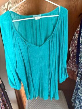 Double Click 3X Teal Aqua Gauzy Pleated Blouse